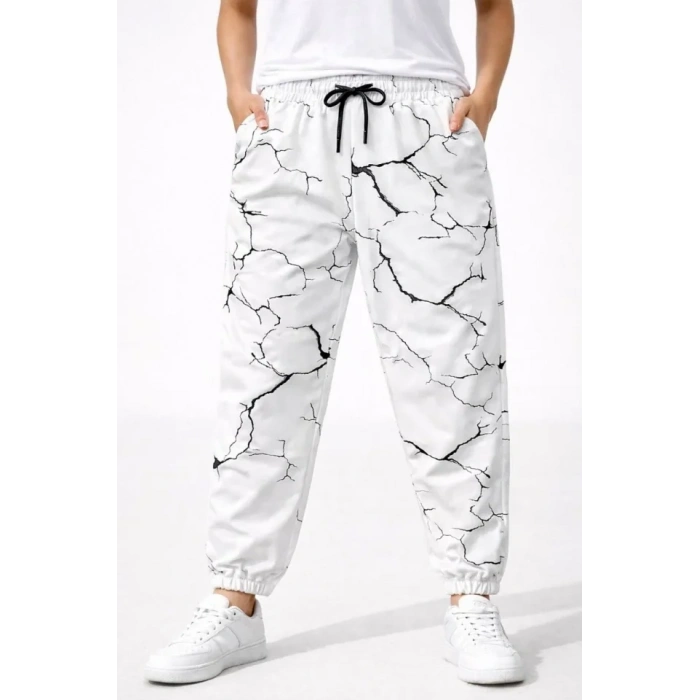 Dijital Baskılı Eşofman Altı Kışlık Üç İplik Şardonlu Kumaş Lastikli Paça, Cepli, Rahat Kalıp - Beyaz