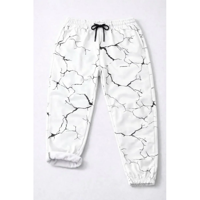 Dijital Baskılı Eşofman Altı Kışlık Üç İplik Şardonlu Kumaş Lastikli Paça, Cepli, Rahat Kalıp - Beyaz