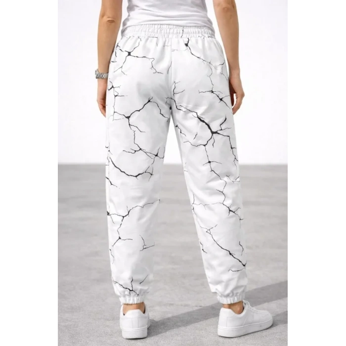 Dijital Baskılı Eşofman Altı Kışlık Üç İplik Şardonlu Kumaş Lastikli Paça, Cepli, Rahat Kalıp - Beyaz