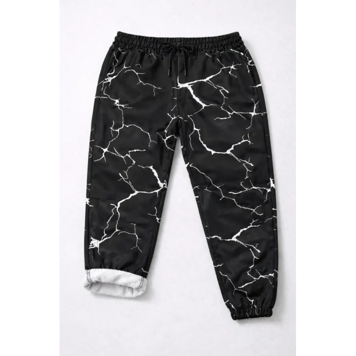 Dijital Baskılı Eşofman Altı Kışlık Üç İplik Şardonlu Kumaş Lastikli Paça, Cepli, Rahat Kalıp - Siyah