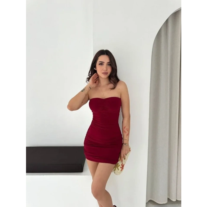 Drapeli Straplez Mini Elbise Esnek Kumaş Vücuda Oturan Gece Elbisesi - Bordo