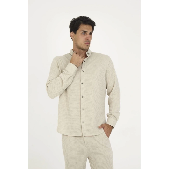 Düğmeli Tam Kalıp Uzun Kol Jakar Gömlek - Gri