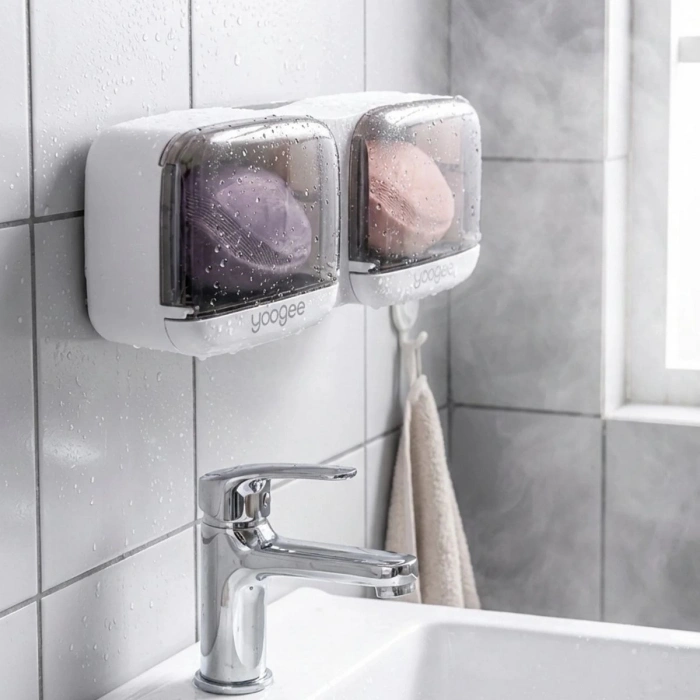 Duvara Monte İkili Kapaklı Plastik Katı Sabunluk Organizer – Banyo &amp; Mutfak İçin Yapışkanlı Sabun Kutusu ve Düzenleyici (4940)