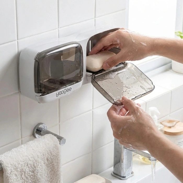 Duvara Monte İkili Kapaklı Plastik Katı Sabunluk Organizer – Banyo &amp; Mutfak İçin Yapışkanlı Sabun Kutusu ve Düzenleyici (4940)