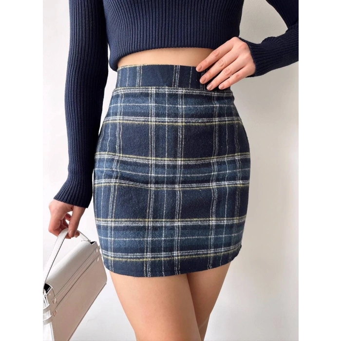 Ekoseli kaşe etek lacivert hf