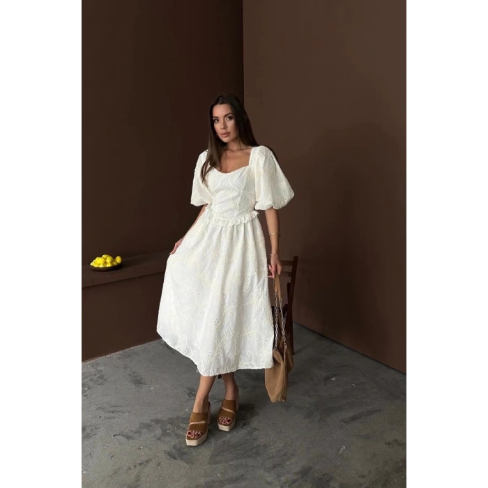 Ekru Balon Kollu Dantelli Brode Elbise