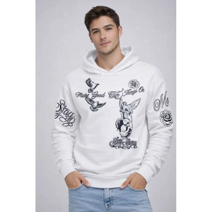 Erkek 3 İplik Pamuklu Kapüşonlu Baskılı SweatShirt Hoodie - Beyaz