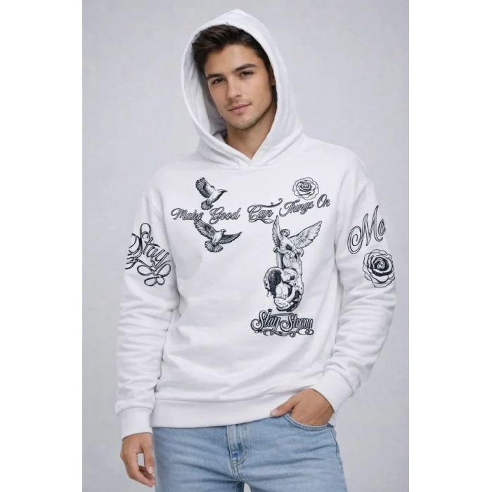 Erkek 3 İplik Pamuklu Kapüşonlu Baskılı SweatShirt Hoodie - Beyaz