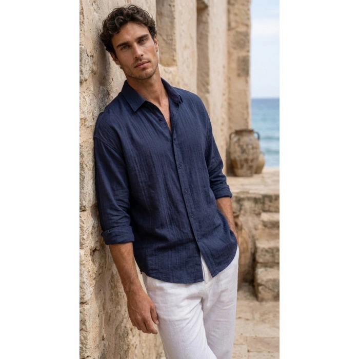 Erkek Armürlü Yarım Oversize Müslin Gömlek