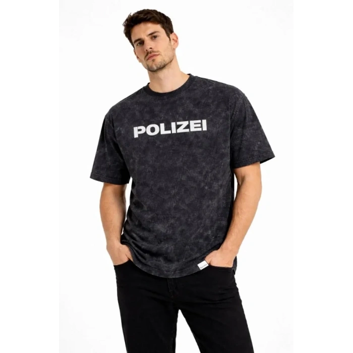 Erkek Asit Yıkamalı Baskılı Tişört Bisiklet Yaka Kısa Kollu Streetwear T-shirt - Siyah