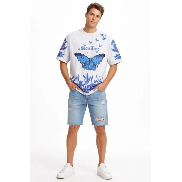 Erkek Asit Yıkamalı Oversize Tişört Mavi Kelebek Baskılı Dijital Print Bisiklet Yaka Streetwear T-Shirt - Beyaz