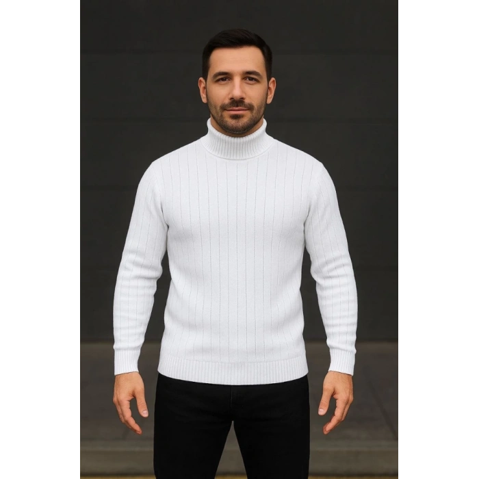 Erkek Balıkcı Yaka Bağazlı Triko Kazak Pamuklu Kalın Fitilli Dokuma, Regular Fit Uzun Kollu Kışlık Model - Beyaz