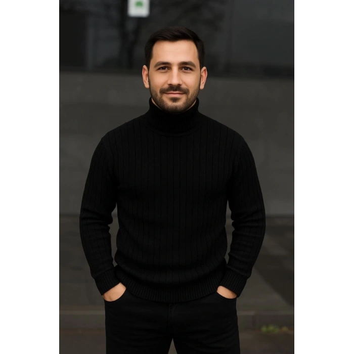 Erkek Balıkcı Yaka Bağazlı Triko Kazak Pamuklu Kalın Fitilli Dokuma, Regular Fit Uzun Kollu Kışlık Model - Siyah