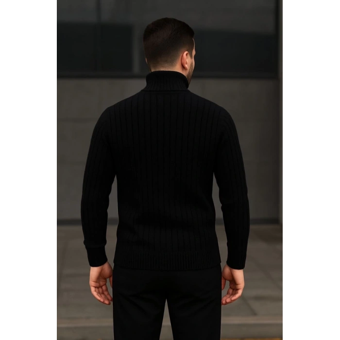 Erkek Balıkcı Yaka Bağazlı Triko Kazak Pamuklu Kalın Fitilli Dokuma, Regular Fit Uzun Kollu Kışlık Model - Siyah