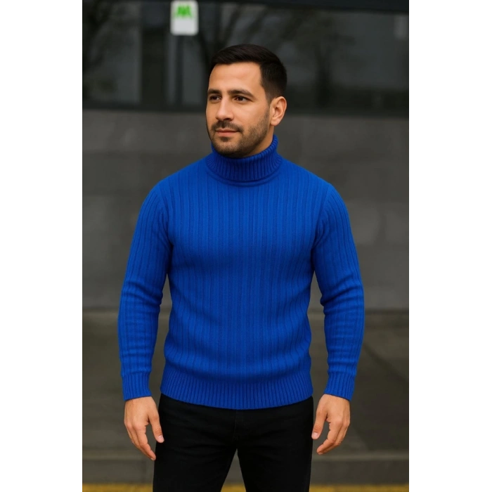 Erkek Balıkcı Yaka Bağazlı Triko Kazak Pamuklu Kalın Fitilli Dokuma, Regular Fit Uzun Kollu Kışlık Model - Saks Mavisi