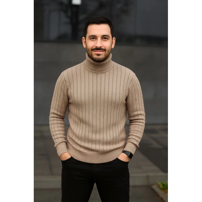 Erkek Balıkcı Yaka Bağazlı Triko Kazak Pamuklu Kalın Fitilli Dokuma, Regular Fit Uzun Kollu Kışlık Model - Bej