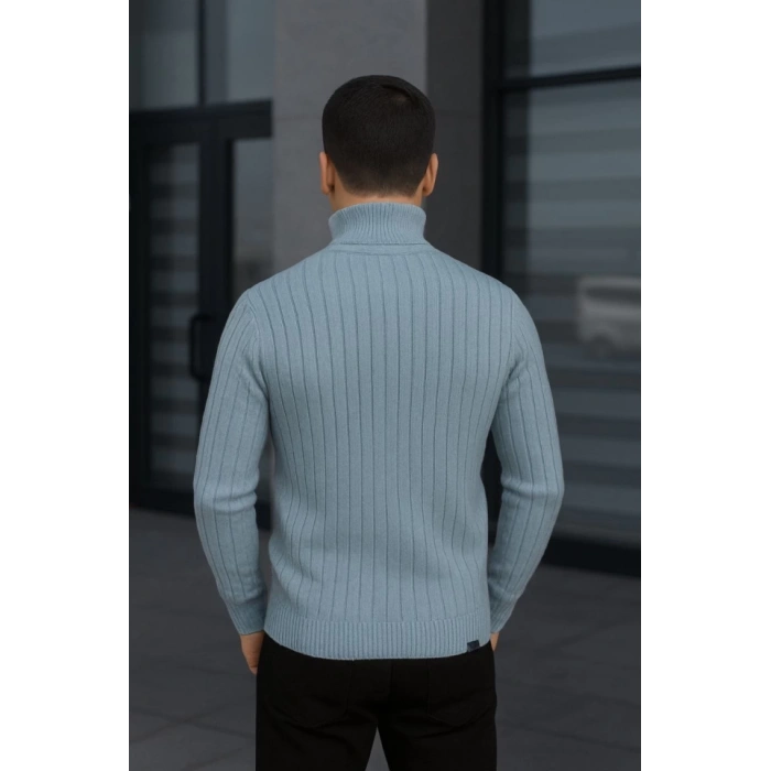 Erkek Balıkcı Yaka Bağazlı Triko Kazak Pamuklu Kalın Fitilli Dokuma, Regular Fit Uzun Kollu Kışlık Model - Bebe Mavisi