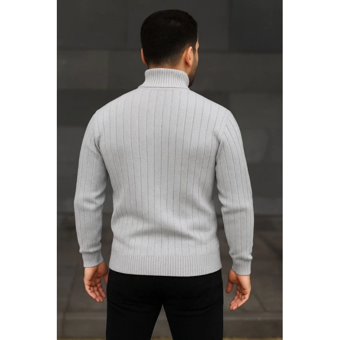 Erkek Balıkcı Yaka Bağazlı Triko Kazak Pamuklu Kalın Fitilli Dokuma, Regular Fit Uzun Kollu Kışlık Model - Gri