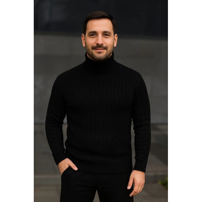 Erkek Balıkcı Yaka Bağazlı Triko Kazak Pamuklu Kalın Fitilli Dokuma, Regular Fit Uzun Kollu Kışlık Model - Siyah