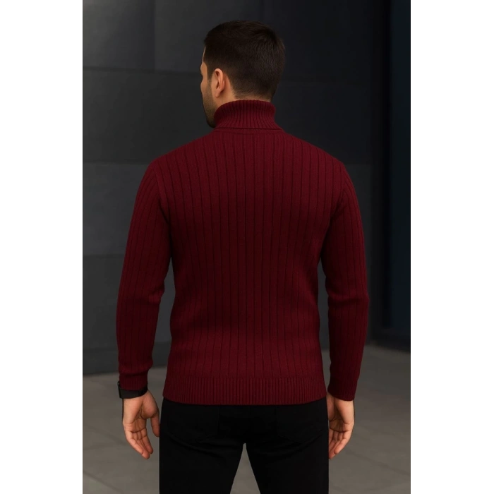 Erkek Balıkcı Yaka Bağazlı Triko Kazak Pamuklu Kalın Fitilli Dokuma, Regular Fit Uzun Kollu Kışlık Model - Bordo