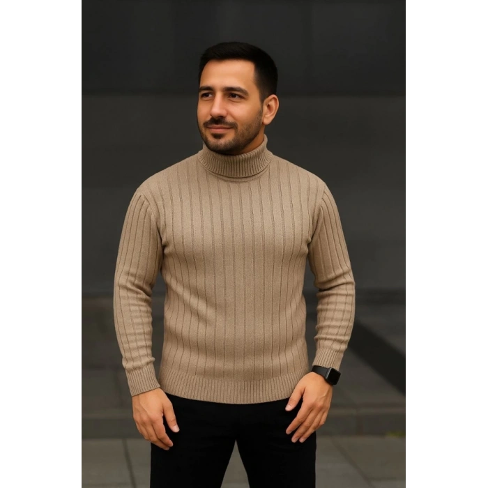Erkek Balıkcı Yaka Bağazlı Triko Kazak Pamuklu Kalın Fitilli Dokuma, Regular Fit Uzun Kollu Kışlık Model - Bej