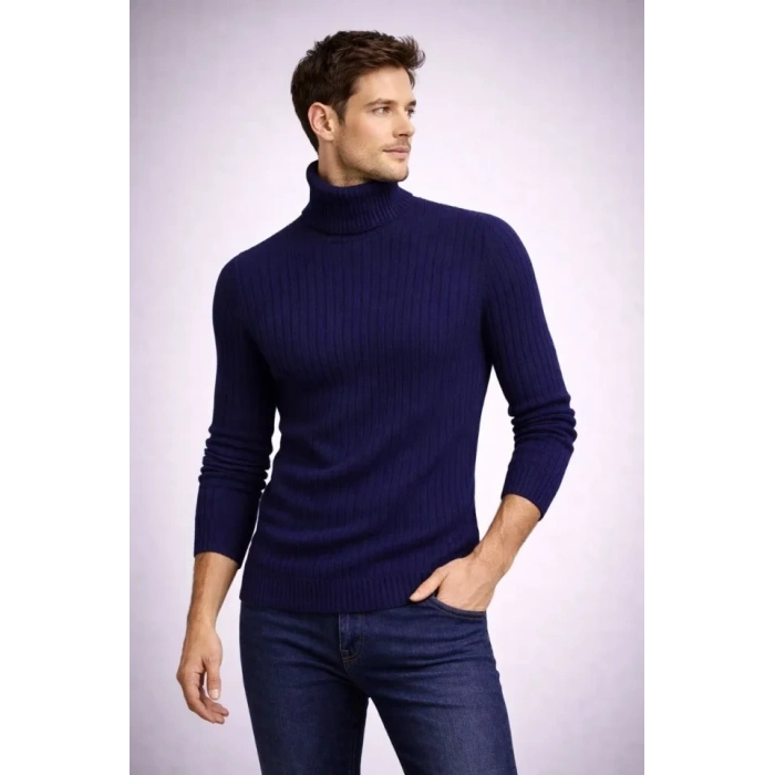 Erkek Balıkcı Yaka Bağazlı Triko Kazak Pamuklu Kalın Fitilli Dokuma, Regular Fit Uzun Kollu Kışlık Model - Lacivert