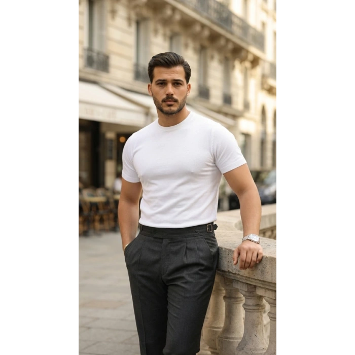 Erkek Basic Bisiklet Yaka Kısa Kollu Triko Tişört - %100 Pamuk Akrilik