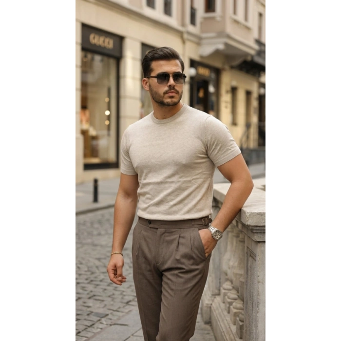 Erkek Basic Bisiklet Yaka Kısa Kollu Triko Tişört - %100 Pamuk Akrilik