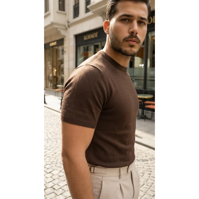 Erkek Basic Bisiklet Yaka Kısa Kollu Triko Tişört - %100 Pamuk Akrilik