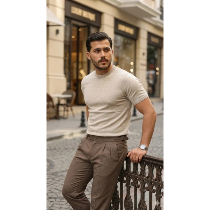 Erkek Basic Bisiklet Yaka Kısa Kollu Triko Tişört - %100 Pamuk Akrilik