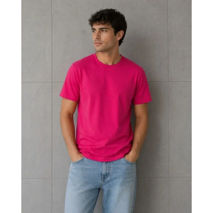 Erkek Basic Pamuklu Tişört Bisiklet Yaka Düz Renk Regular Fit T-Shirt - Fuşya