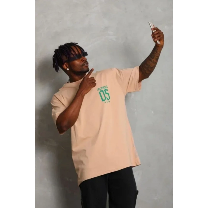 Erkek Baskılı T-Shirt Kısa Kol Bisiklet Yaka Regular Fit Rahat Kalıp Günlük Tişört - Bej