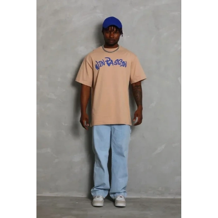 Erkek Baskılı T-Shirt Kısa Kol Bisiklet Yaka Regular Fit Rahat Kalıp Günlük Tişört - Bej