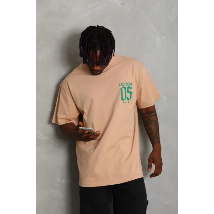 Erkek Baskılı T-Shirt Kısa Kol Bisiklet Yaka Regular Fit Rahat Kalıp Günlük Tişört - Bej