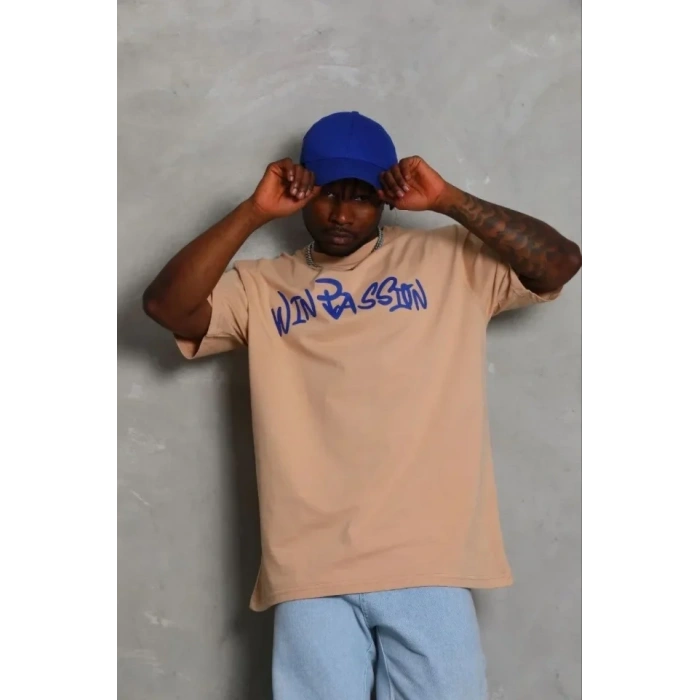 Erkek Baskılı T-Shirt Kısa Kol Bisiklet Yaka Regular Fit Rahat Kalıp Günlük Tişört - Bej