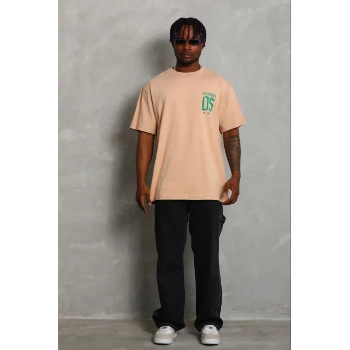 Erkek Baskılı T-Shirt Kısa Kol Bisiklet Yaka Regular Fit Rahat Kalıp Günlük Tişört - Bej