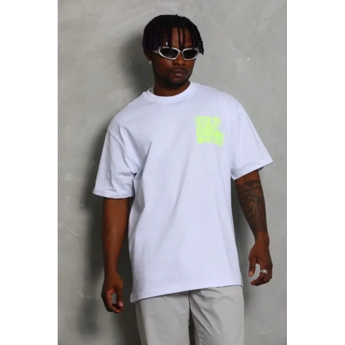 Erkek Baskılı T-Shirt Kısa Kol Bisiklet Yaka Regular Fit Rahat Kalıp Günlük Tişört - Beyaz