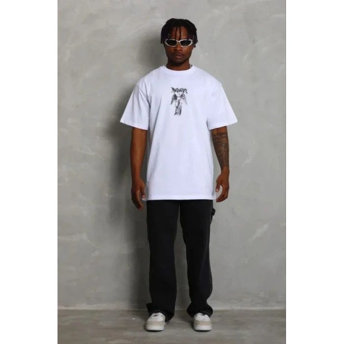 Erkek Baskılı T-Shirt Kısa Kol Bisiklet Yaka Regular Fit Rahat Kalıp Günlük Tişört - Beyaz