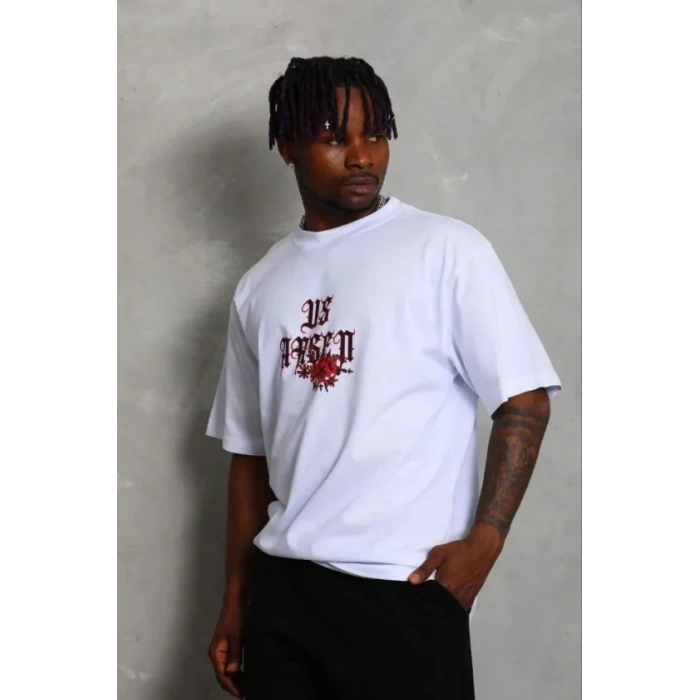 Erkek Baskılı T-Shirt Kısa Kol Bisiklet Yaka Regular Fit Rahat Kalıp Günlük Tişört - Beyaz