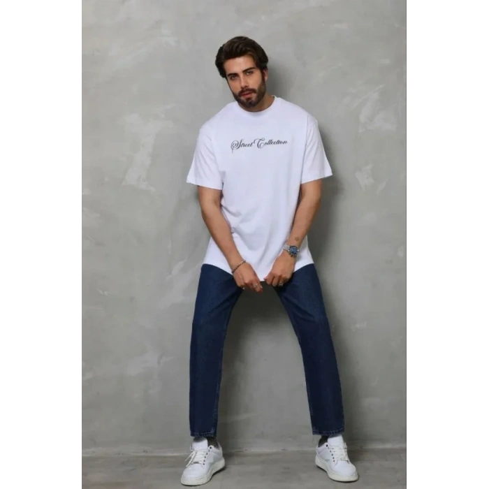 Erkek Baskılı T-Shirt Kısa Kol Bisiklet Yaka Regular Fit Rahat Kalıp Günlük Tişört - Beyaz