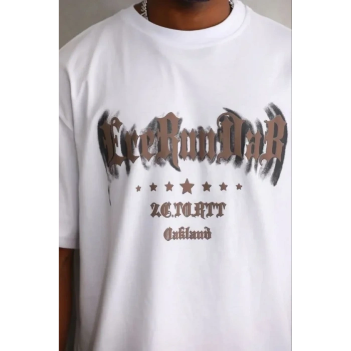 Erkek Baskılı T-Shirt Kısa Kol Bisiklet Yaka Regular Fit Rahat Kalıp Günlük Tişört - Beyaz