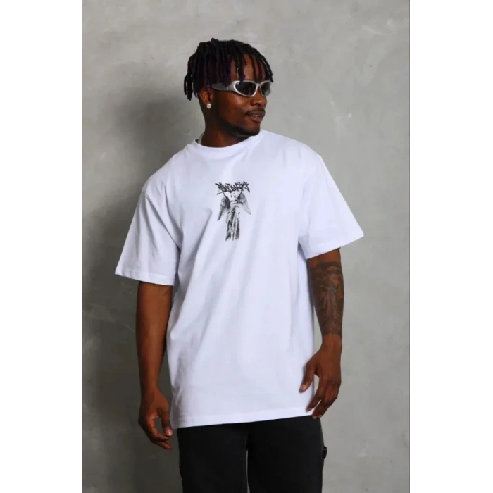 Erkek Baskılı T-Shirt Kısa Kol Bisiklet Yaka Regular Fit Rahat Kalıp Günlük Tişört - Beyaz