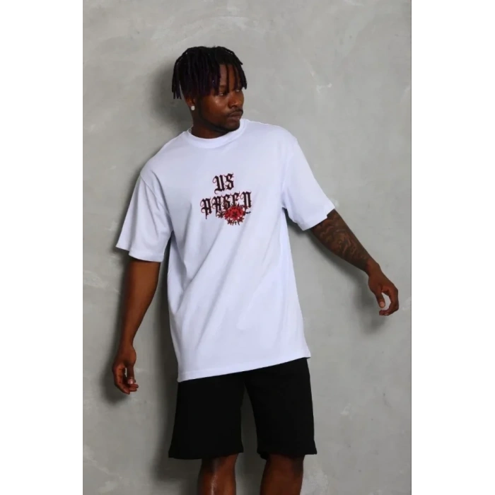 Erkek Baskılı T-Shirt Kısa Kol Bisiklet Yaka Regular Fit Rahat Kalıp Günlük Tişört - Beyaz