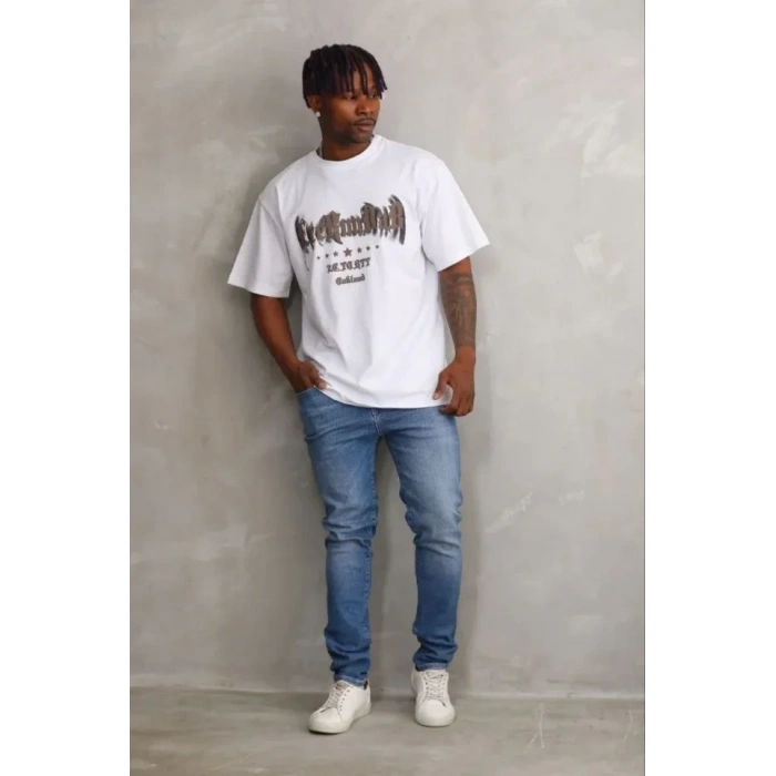 Erkek Baskılı T-Shirt Kısa Kol Bisiklet Yaka Regular Fit Rahat Kalıp Günlük Tişört - Beyaz