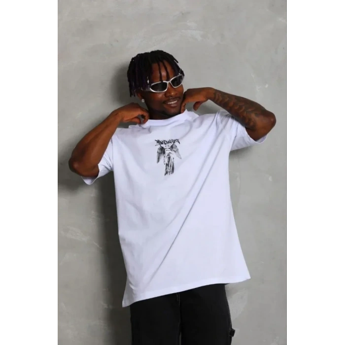 Erkek Baskılı T-Shirt Kısa Kol Bisiklet Yaka Regular Fit Rahat Kalıp Günlük Tişört - Beyaz