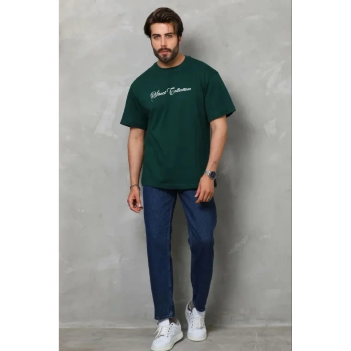 Erkek Baskılı T-Shirt Kısa Kol Bisiklet Yaka Regular Fit Rahat Kalıp Günlük Tişört - Çağla Yeşili