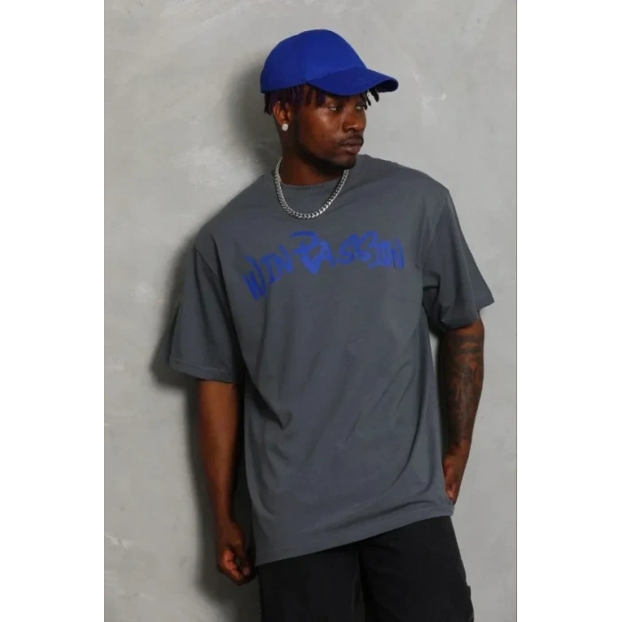 Erkek Baskılı T-Shirt Kısa Kol Bisiklet Yaka Regular Fit Rahat Kalıp Günlük Tişört - Füme