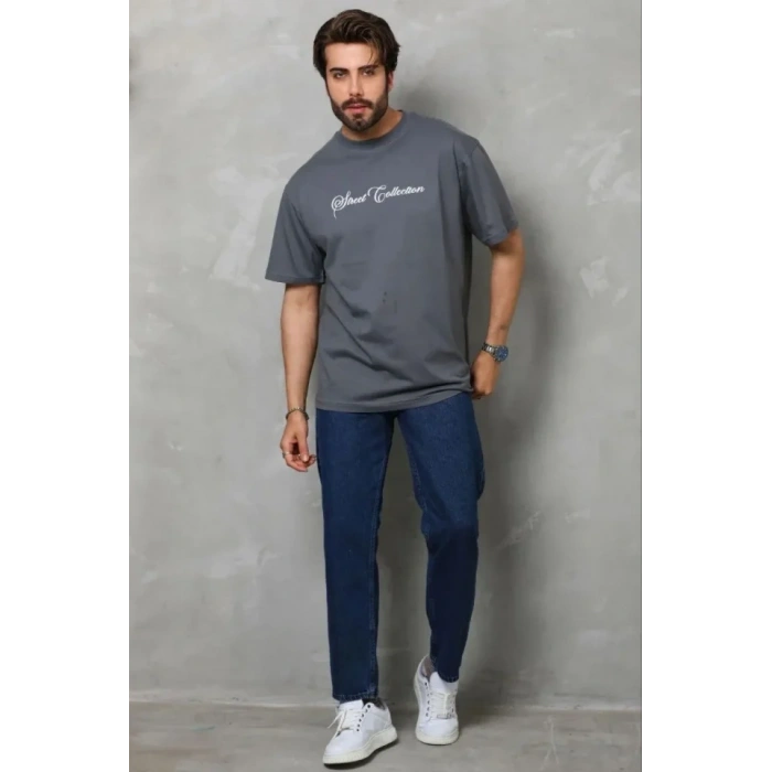 Erkek Baskılı T-Shirt Kısa Kol Bisiklet Yaka Regular Fit Rahat Kalıp Günlük Tişört - Füme