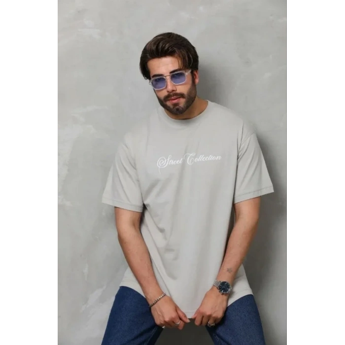 Erkek Baskılı T-Shirt Kısa Kol Bisiklet Yaka Regular Fit Rahat Kalıp Günlük Tişört - Gri