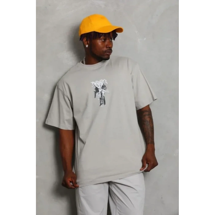 Erkek Baskılı T-Shirt Kısa Kol Bisiklet Yaka Regular Fit Rahat Kalıp Günlük Tişört - Gri